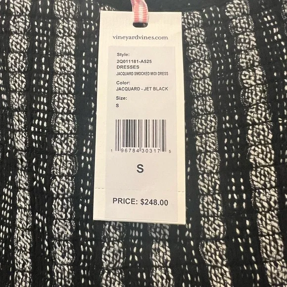 New with Tags Vineyard Vines Black and White Jacquard Smocked Midi Dress - Picture 5 of 7